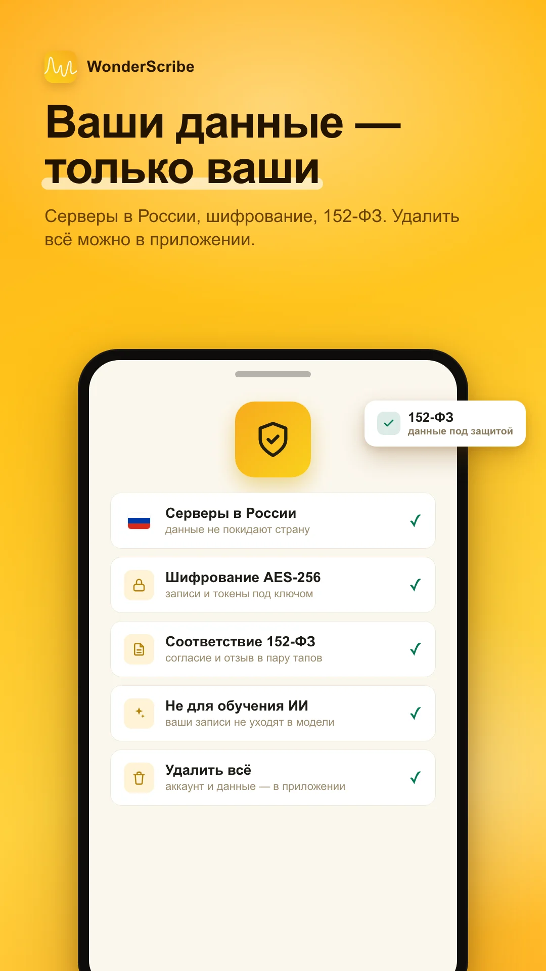 Приложение WonderScribe: ваши данные только ваши — серверы в России, шифрование, 152-ФЗ